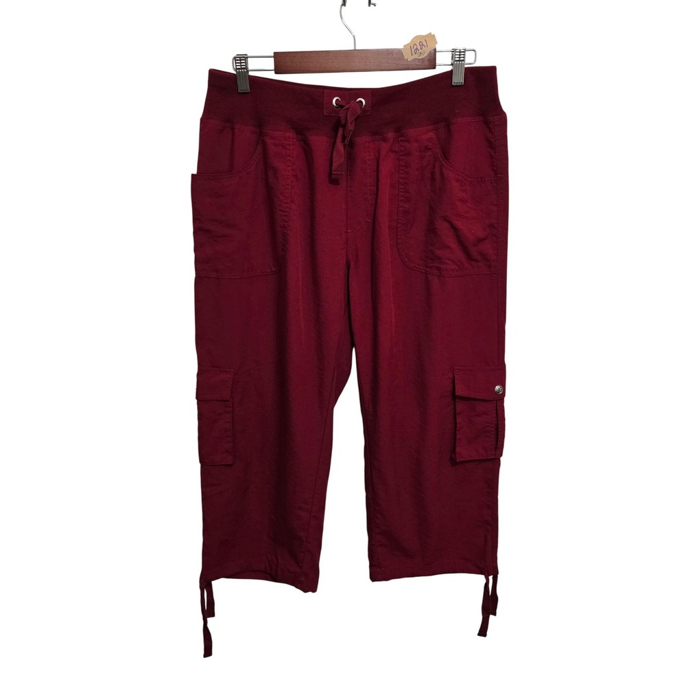 Mofiz Women XL Burgundy Cargo Capri Pants Hiking Outdoor Elastic Waist Wine Red